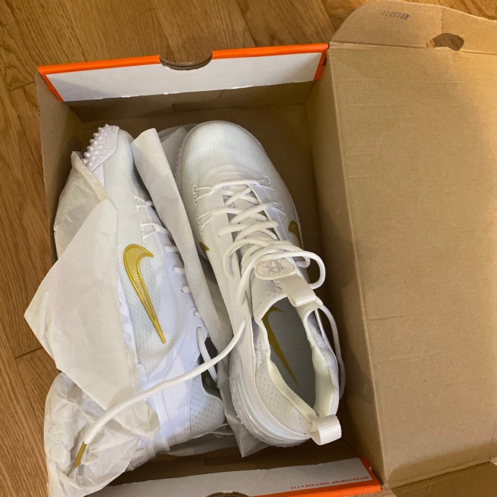 Nike White and Gold Huarache Turfs